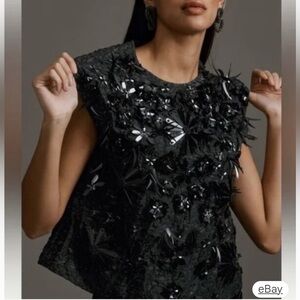 Revolve ESSENTIEL ANTWERP $330 Black Beaded Cap Sleeve Errand Top Blouse Holiday